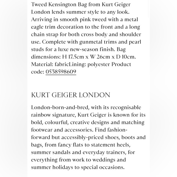 Kurt Geiger London Pink Tweed Kensington Bag with Beaded Bow Detail - Picture 5 of 5